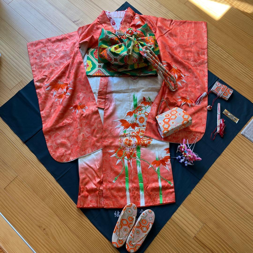 七五三 七歳着物　アンティーク　刺繍艶やか10点セット　オレンジ
