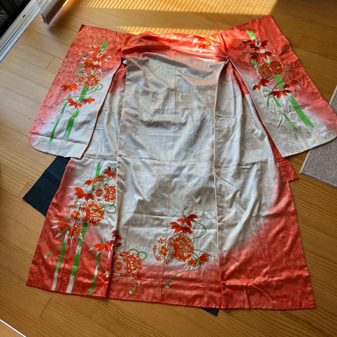 七五三 七歳着物　アンティーク　刺繍艶やか10点セット　オレンジ