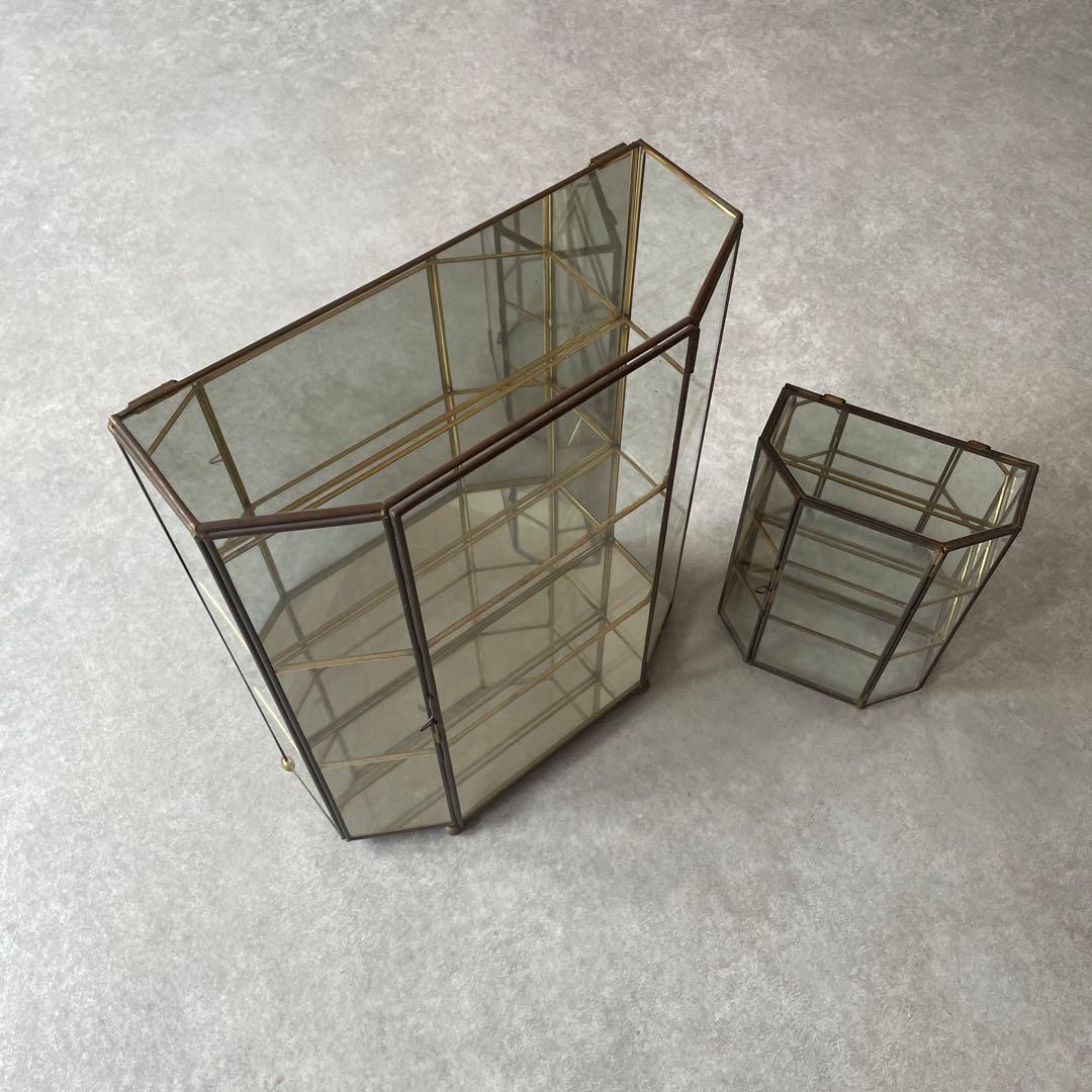【2点セット】アンティーク 真鍮 ガラス ジュエリーボックス 大と小のセット