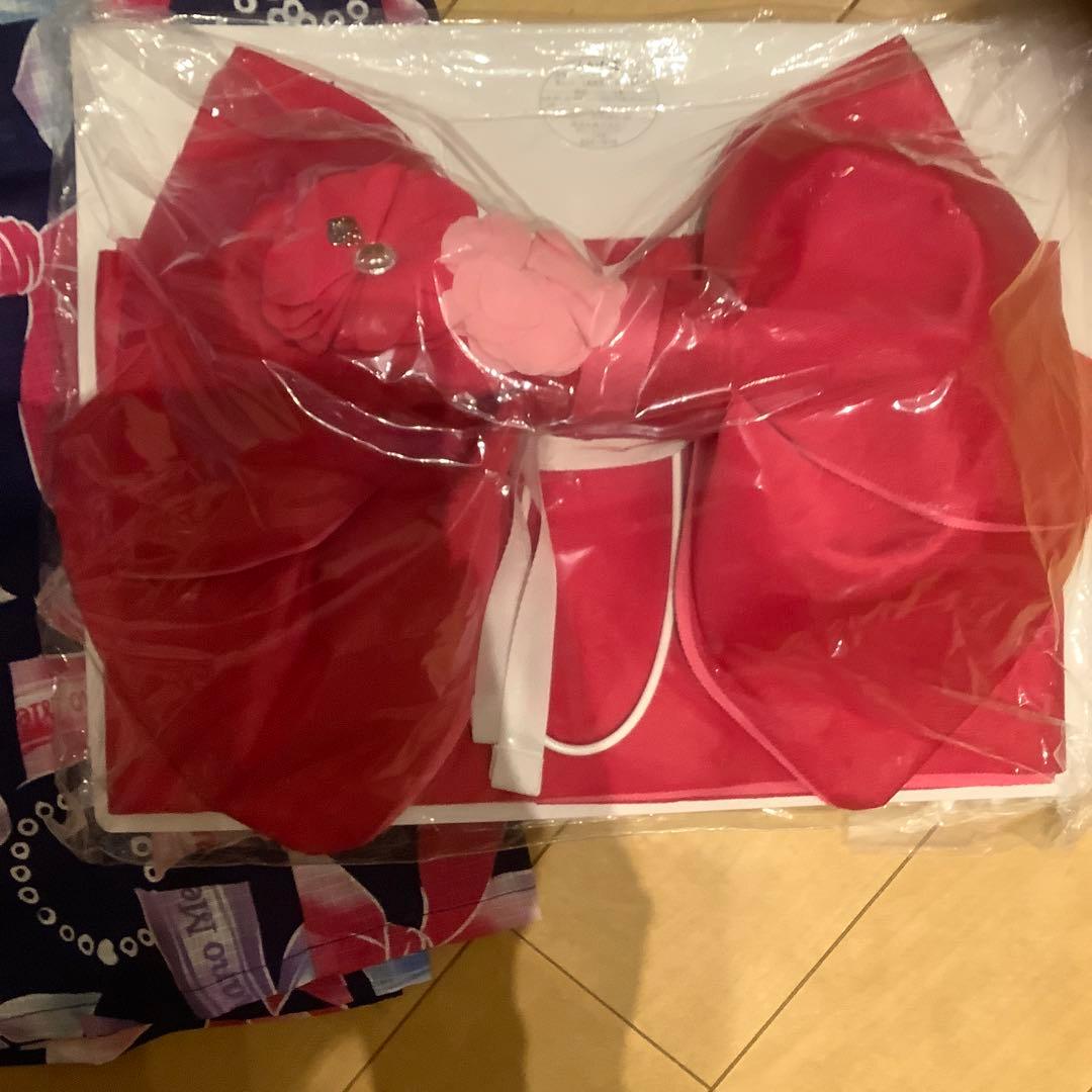 メゾピアノ160cm リボン柄ネイビー浴衣 Lサイズ 赤いリボン付き