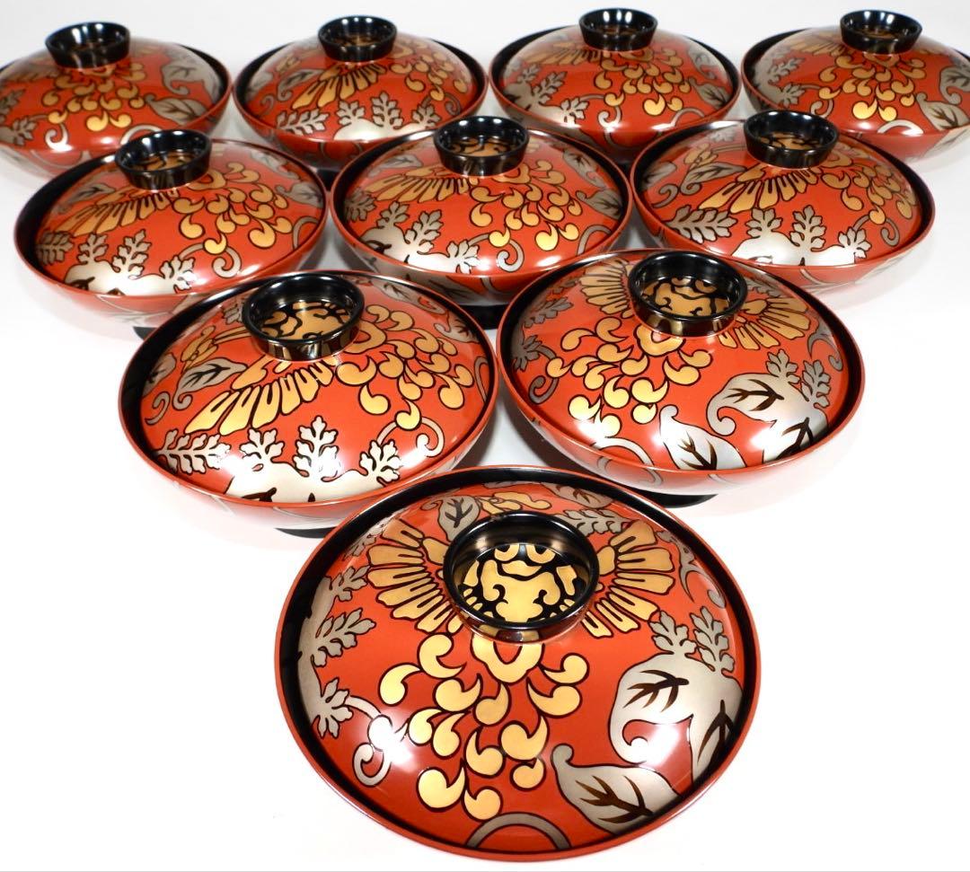 輪島塗 木製漆器 沈金 蓋椀 大吸物椀 汁椀 10客　直径17cm