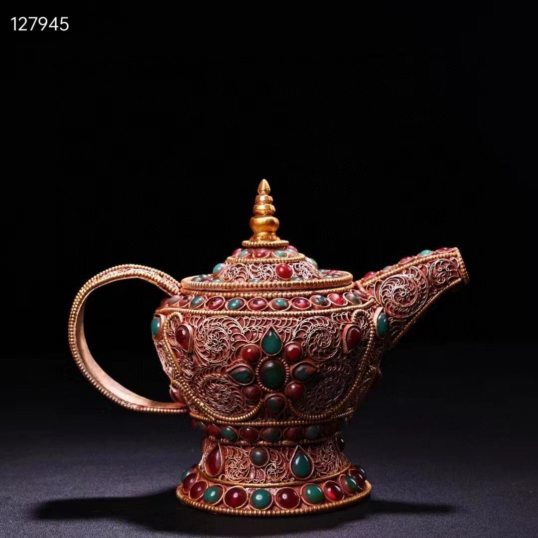 中国古美術・旧蔵收・純手作り・花糸古銅彫塗金宝石嵌酒壺・文房置物・純銅製・酒具