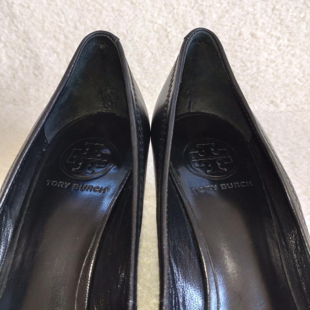 トリーバーチ　サリーウェッジ　ブラックパンプス　ゴールドロゴ　カーフスキン　8M