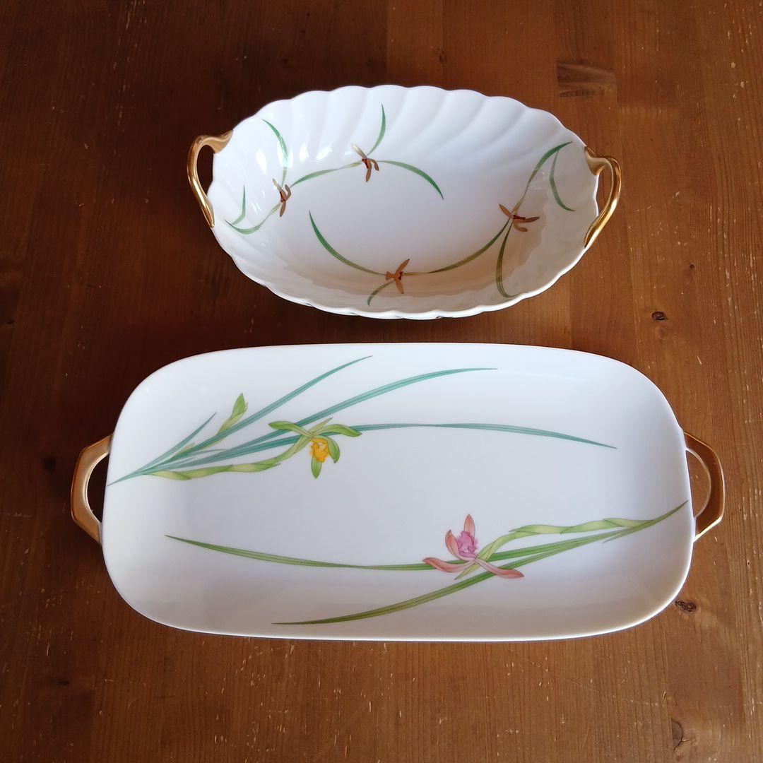 【美品】香蘭社 蘭 金彩 耳付大皿2枚セット（36cm特大長皿＆24cm深鉢）