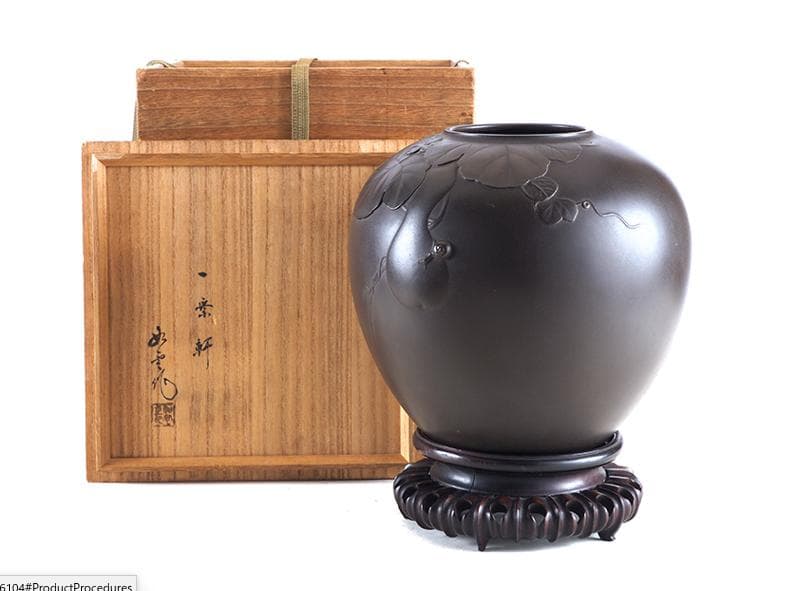 【海】一乗軒 大島 如雲 作 鋳銅 瓢蝸牛 彫刻 花瓶 唐木台付 共箱　本物保証