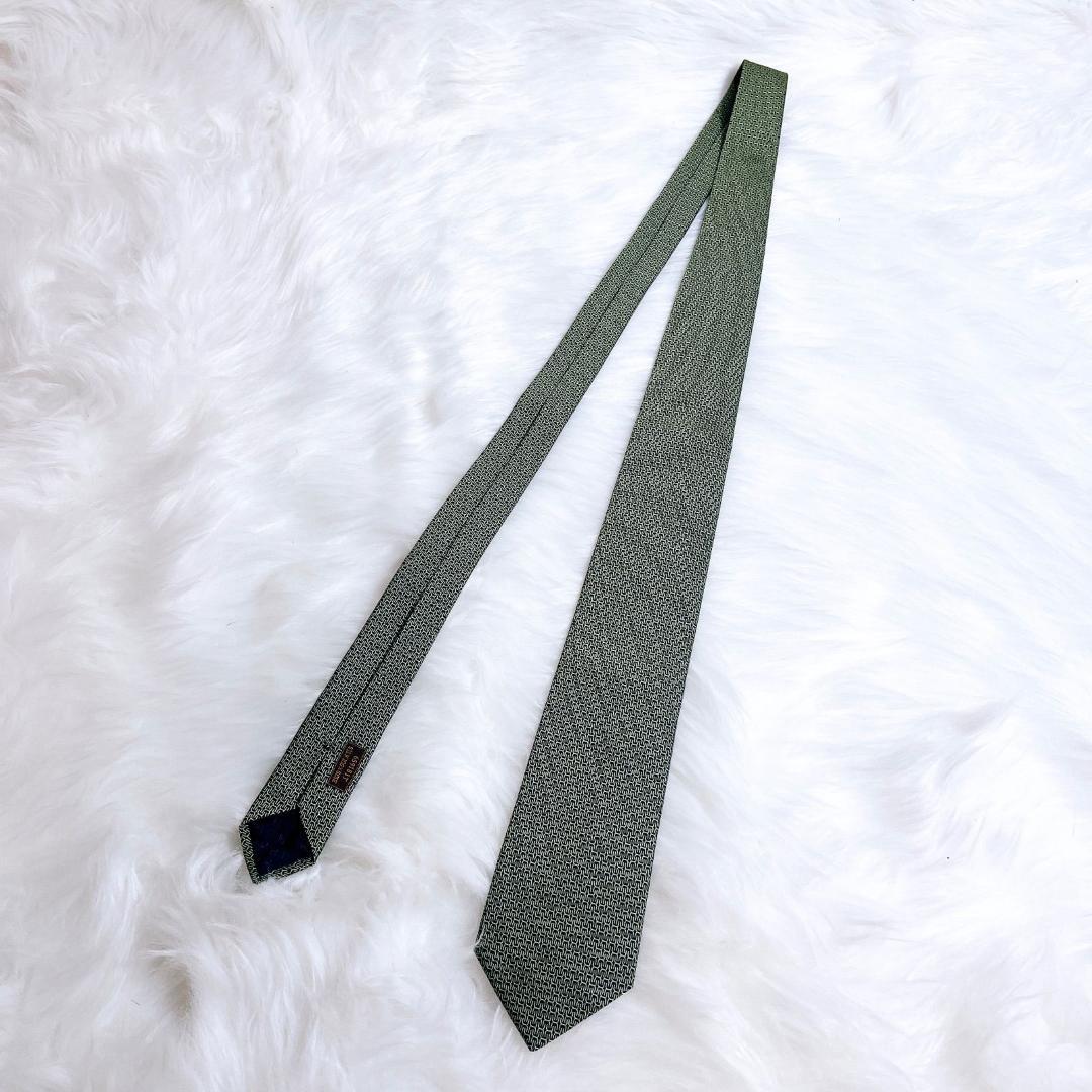 エルメス　HERMES ネクタイ シルク100% フランス製 グリーン H柄