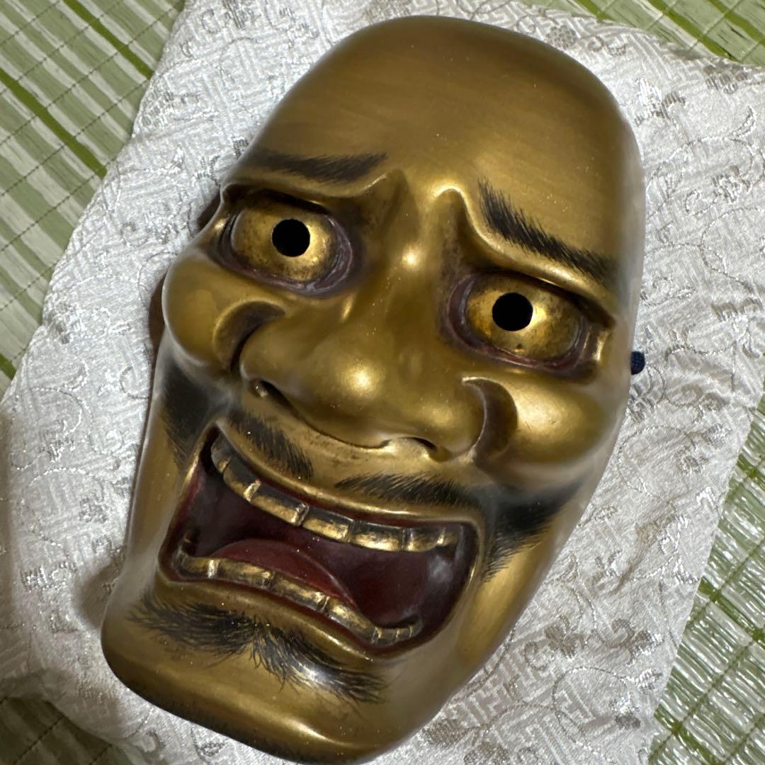 お面　能面　男　黒髭面　刻印作者不明　伝統工芸　神楽　壁掛け　置物　狂言面　金色