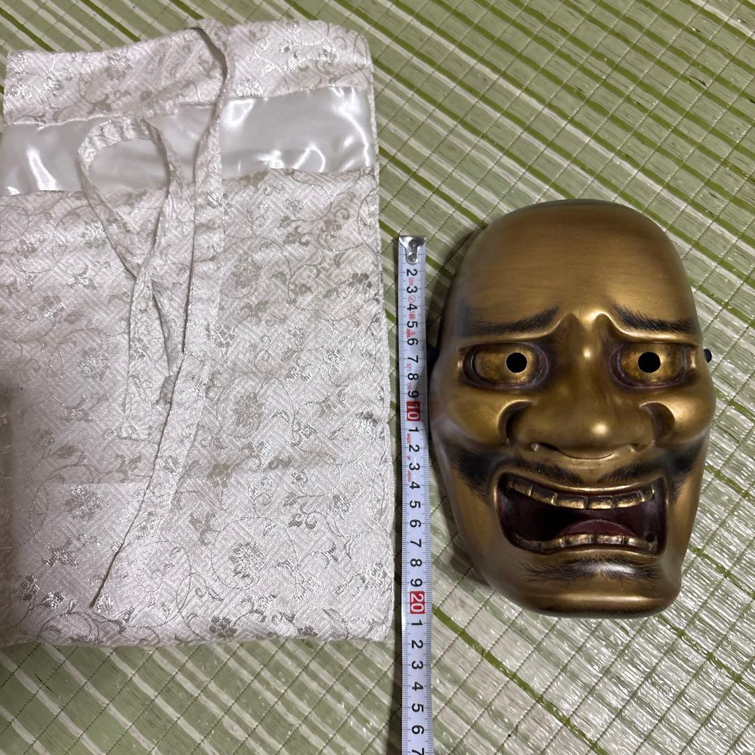 お面　能面　男　黒髭面　刻印作者不明　伝統工芸　神楽　壁掛け　置物　狂言面　金色