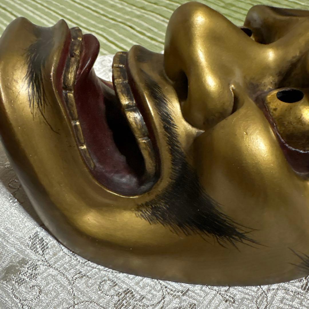 お面　能面　男　黒髭面　刻印作者不明　伝統工芸　神楽　壁掛け　置物　狂言面　金色