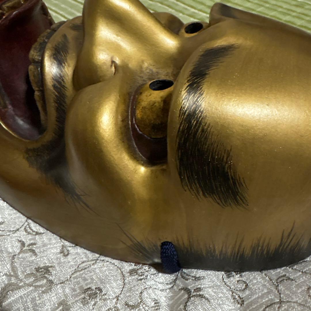 お面　能面　男　黒髭面　刻印作者不明　伝統工芸　神楽　壁掛け　置物　狂言面　金色