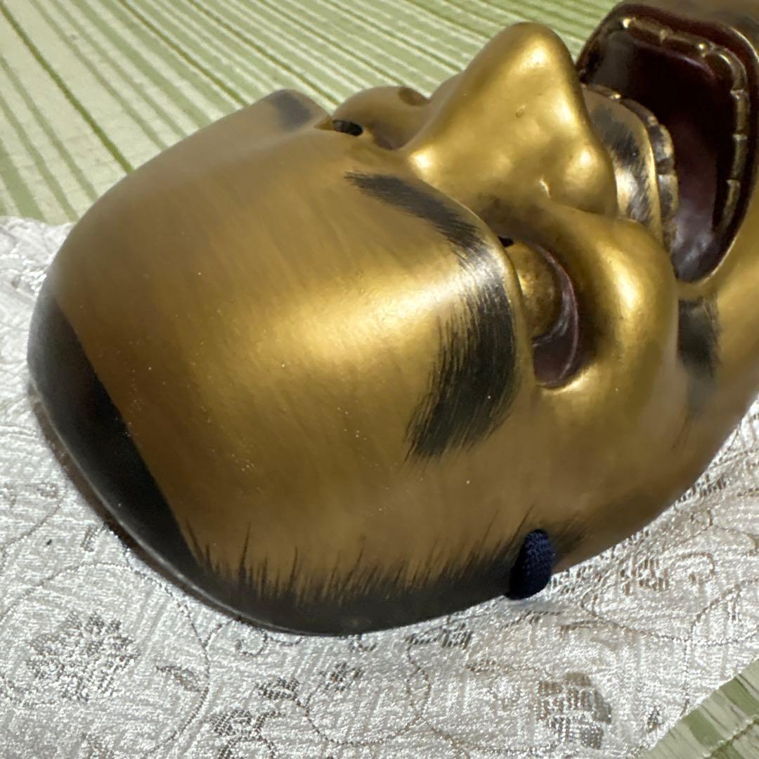 お面　能面　男　黒髭面　刻印作者不明　伝統工芸　神楽　壁掛け　置物　狂言面　金色