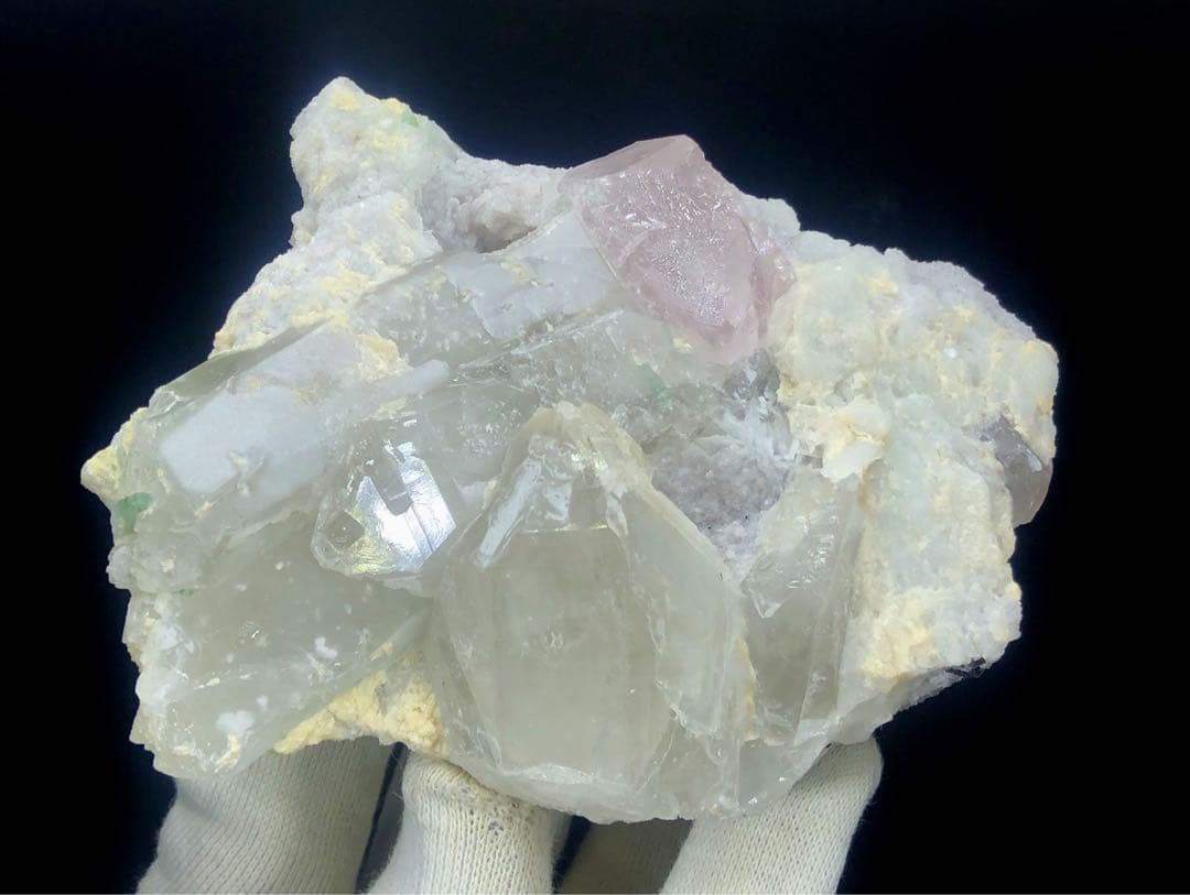 天然ピンクモルガナイト、クォーツクリスタル、グリーントルマリン