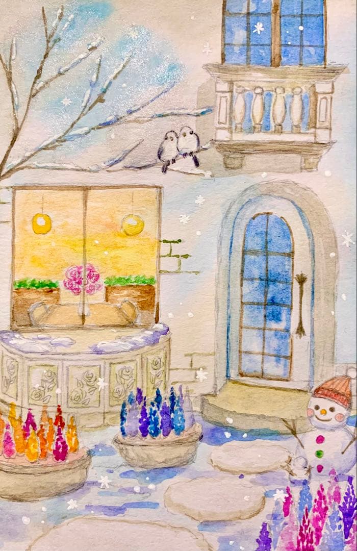 momorin水彩画　冬のカフェにようこそ　値段は※900円です