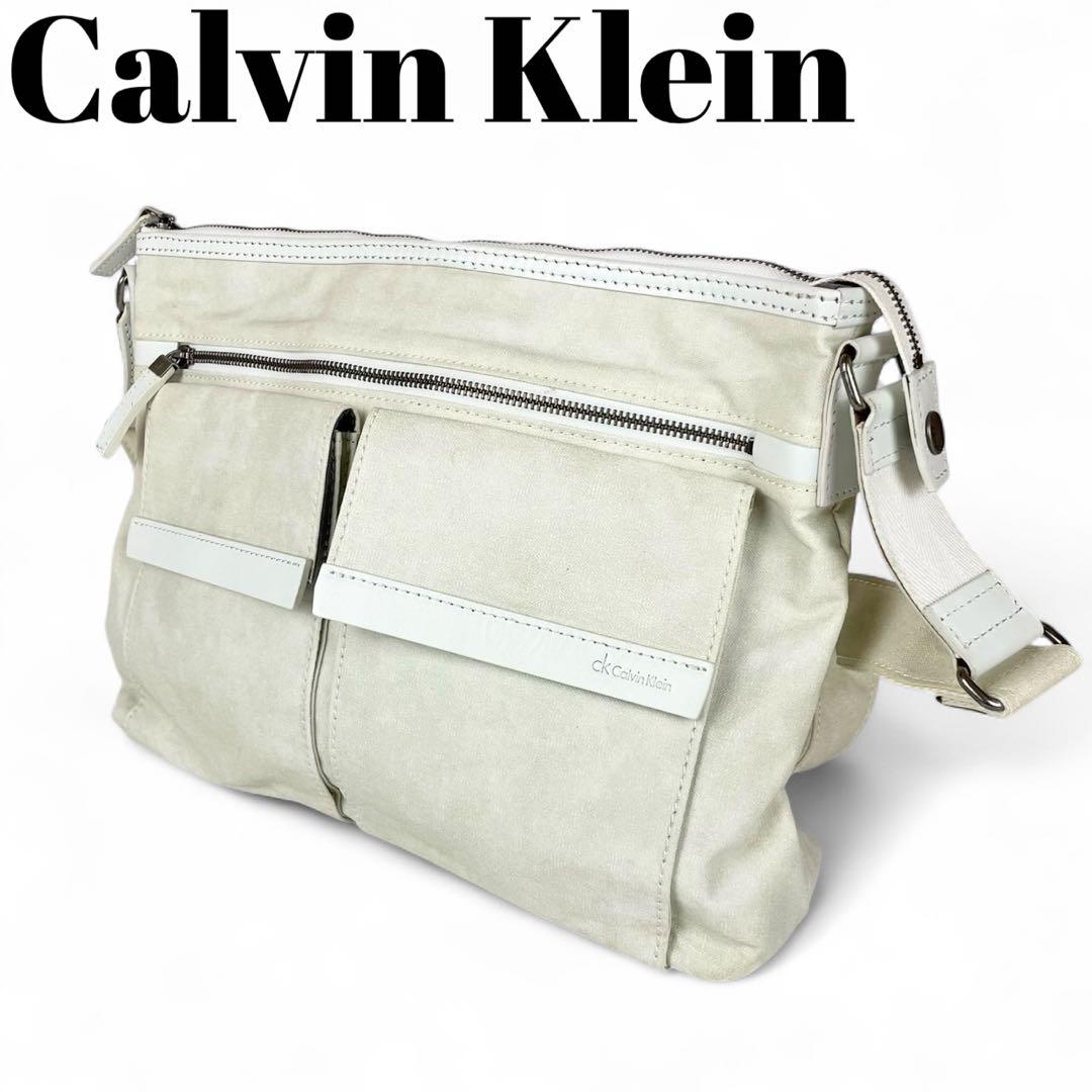 【美品】カルバンクライン メッセンジャーバッグ キャンバス 白 ホワイト