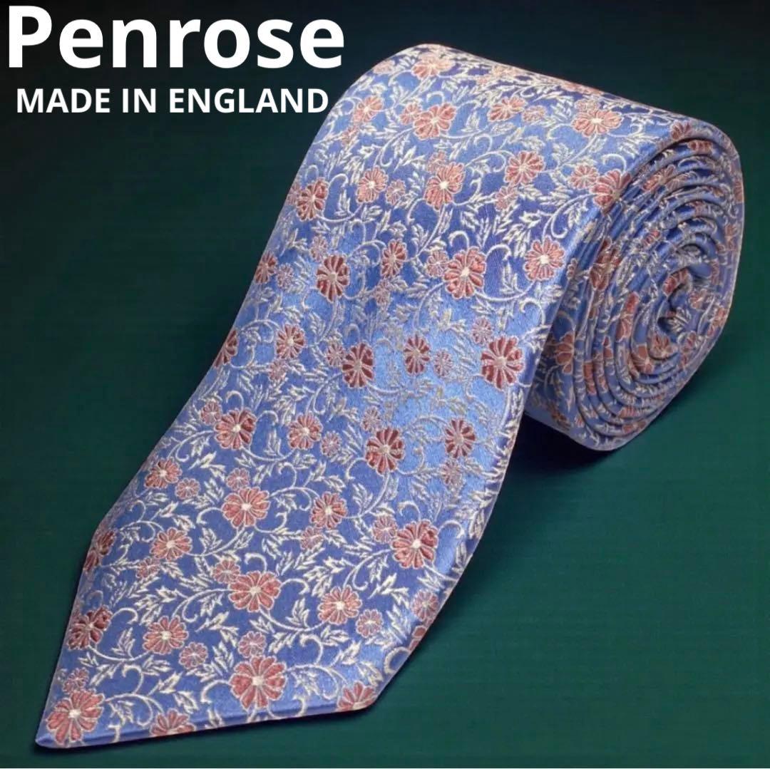 英国製・リッチな光沢感　Penroseペンローズ シルクネクタイ129花柄薄青