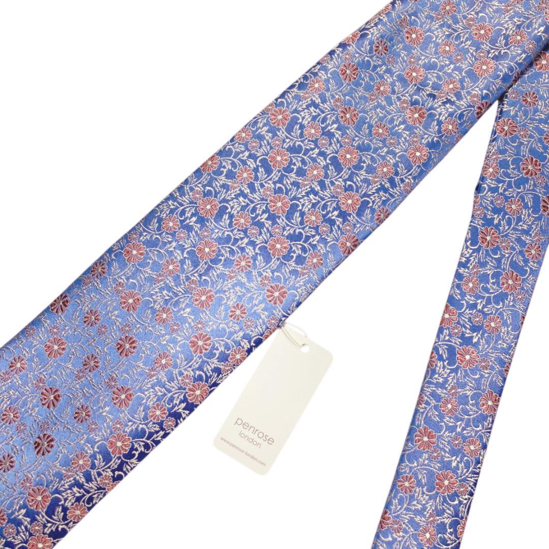 英国製・リッチな光沢感　Penroseペンローズ シルクネクタイ129花柄薄青