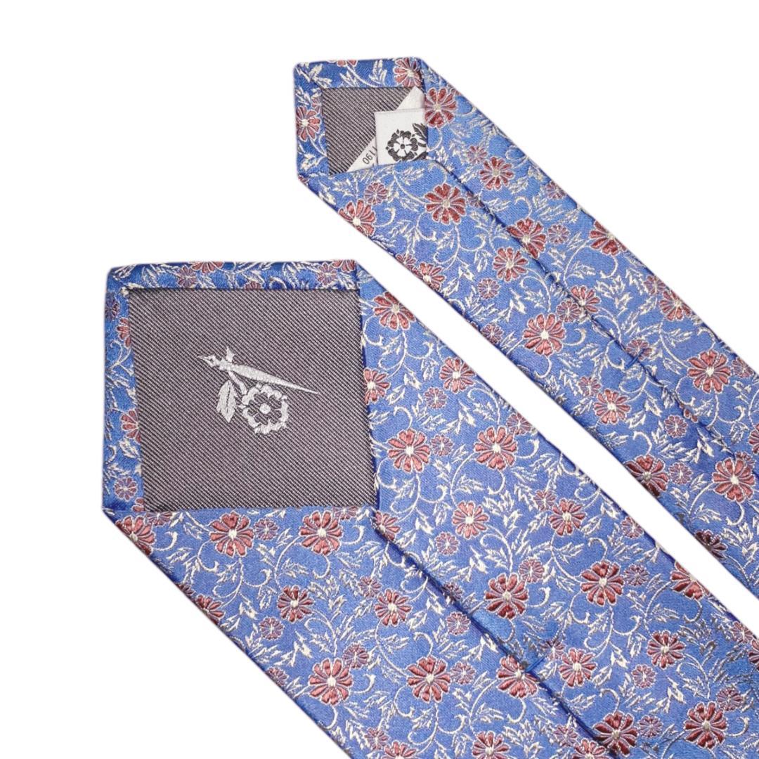 英国製・リッチな光沢感　Penroseペンローズ シルクネクタイ129花柄薄青