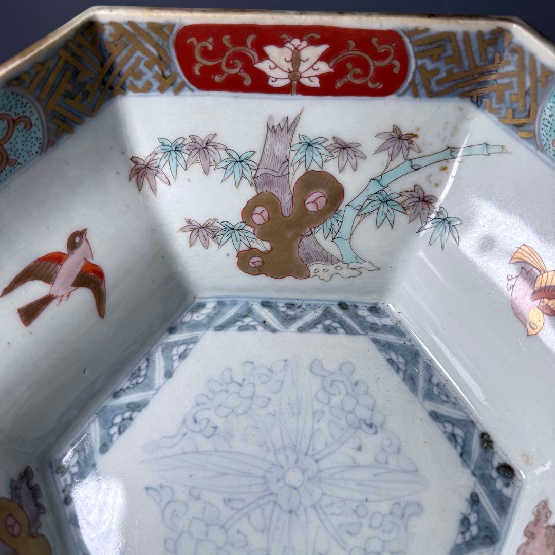 江戸後期〜明治時代　色絵松竹梅鳥賢人図六角鉢　共箱　古美術　豪商旧蔵品