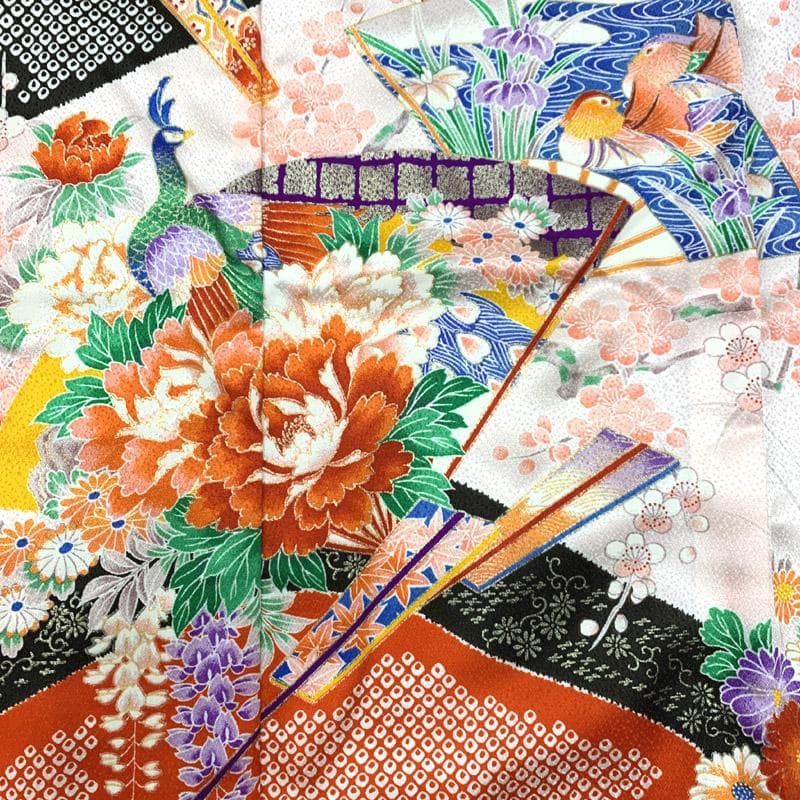 511ag19■七五三 七歳 女児 着物&丸帯 絞り染風 扇■状態良好