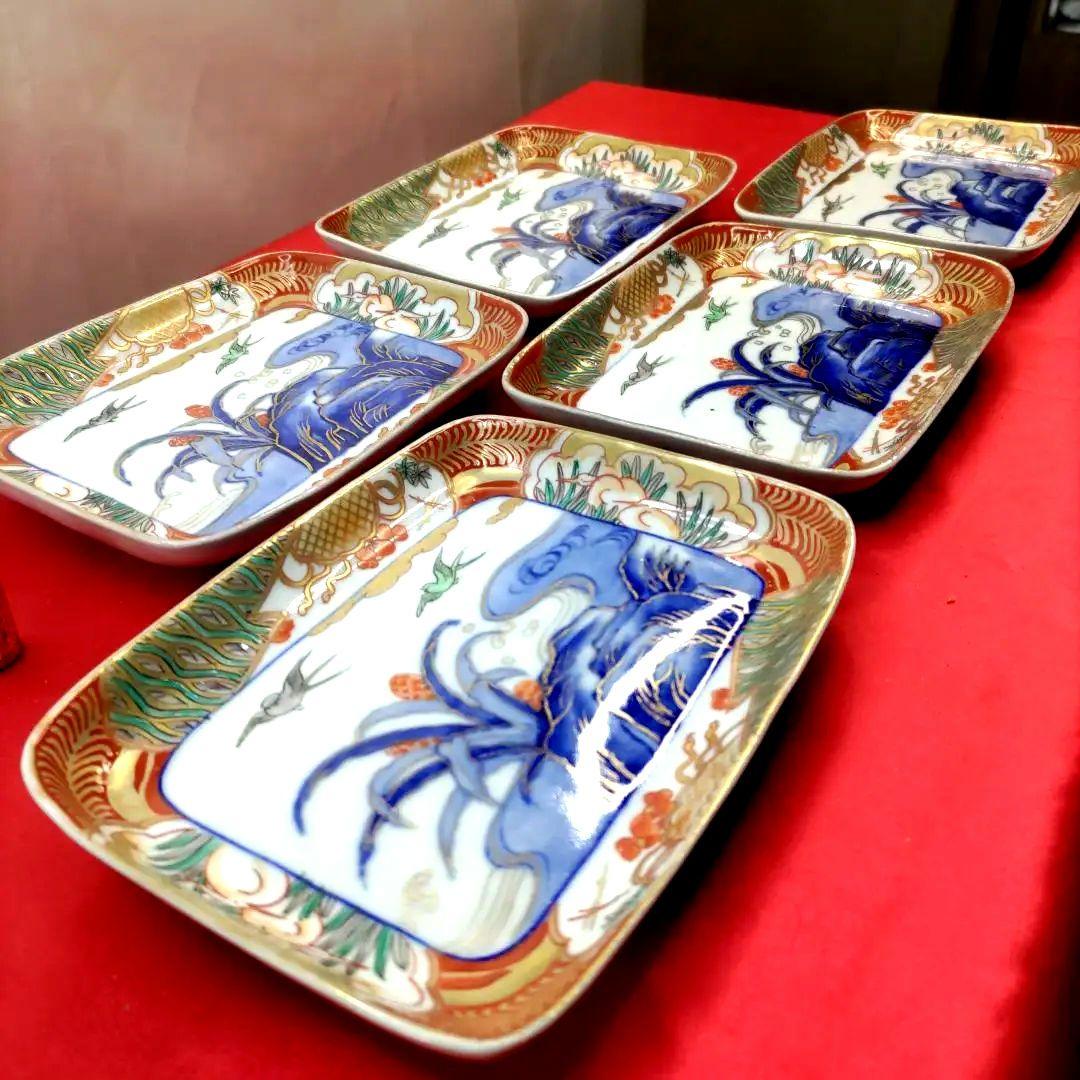 有田焼　伊万里焼　古伊万里　金彩　色絵　小皿　角皿　長角皿　刺し身皿　5客セット