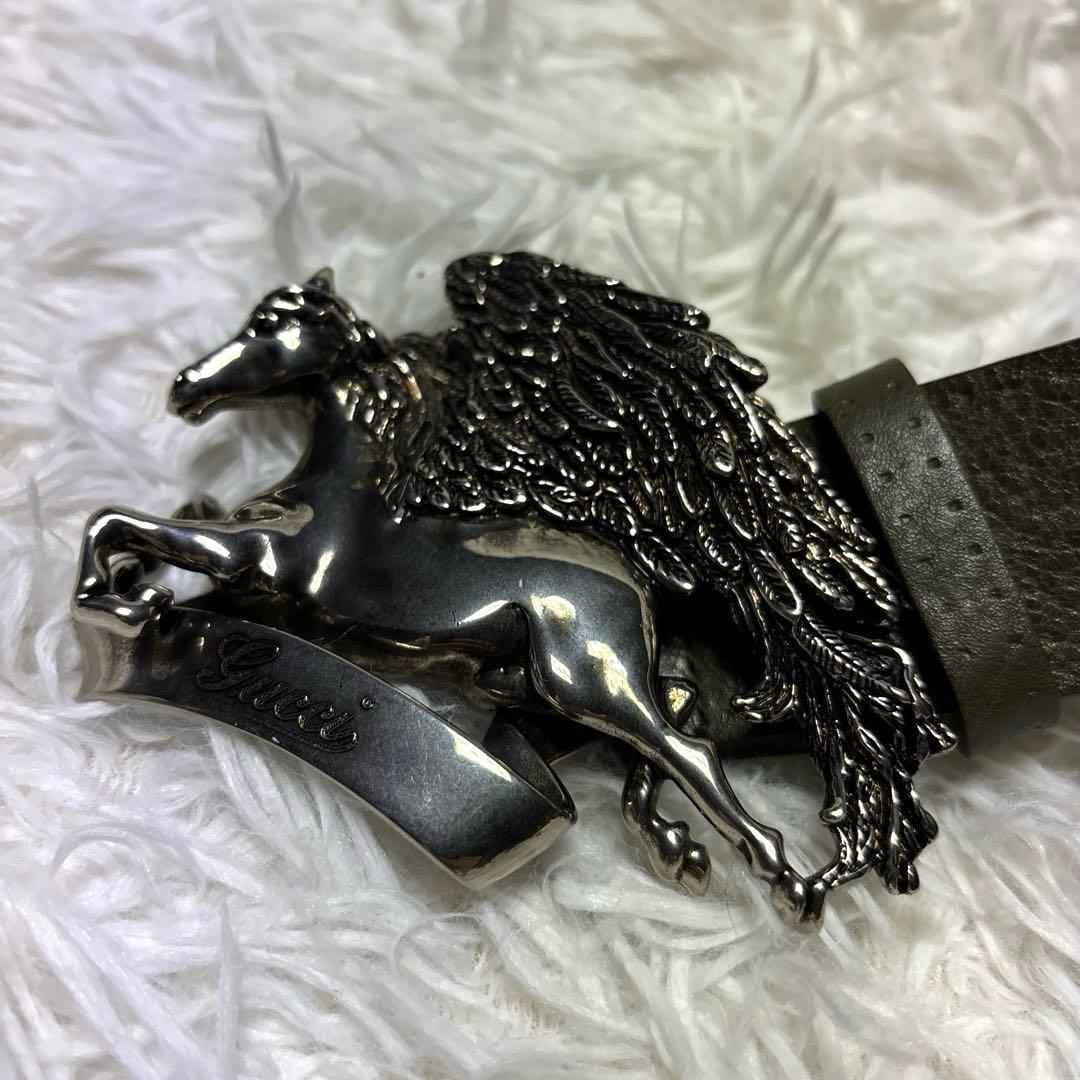 GUCCI グッチ ペガサス ベルト シルバーバックル 本革レザー カーキ 希少