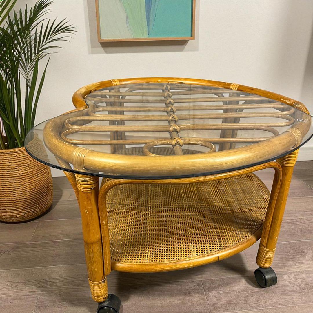 【希少】ハート型　ラタン　ガラス　テーブル　アンティーク　家具　レトロインテリア