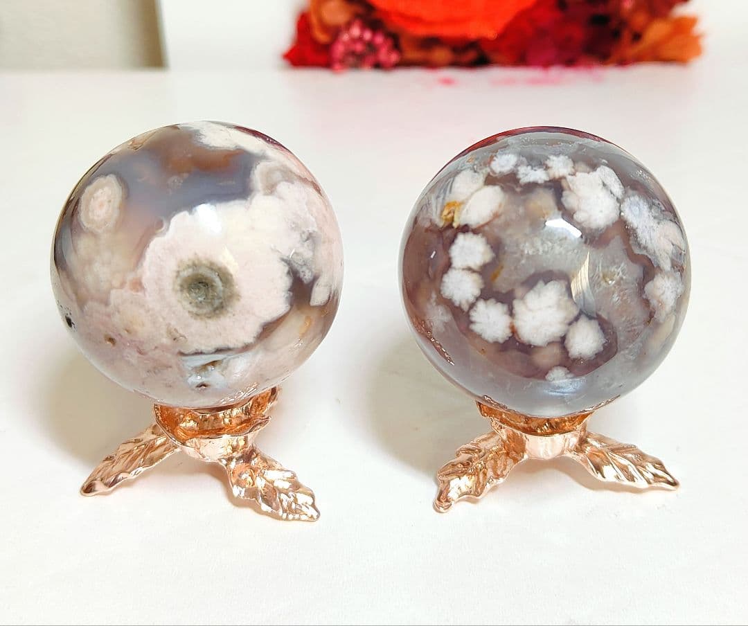 夜桜瑪瑙　スフィア　台座付き　2個セット