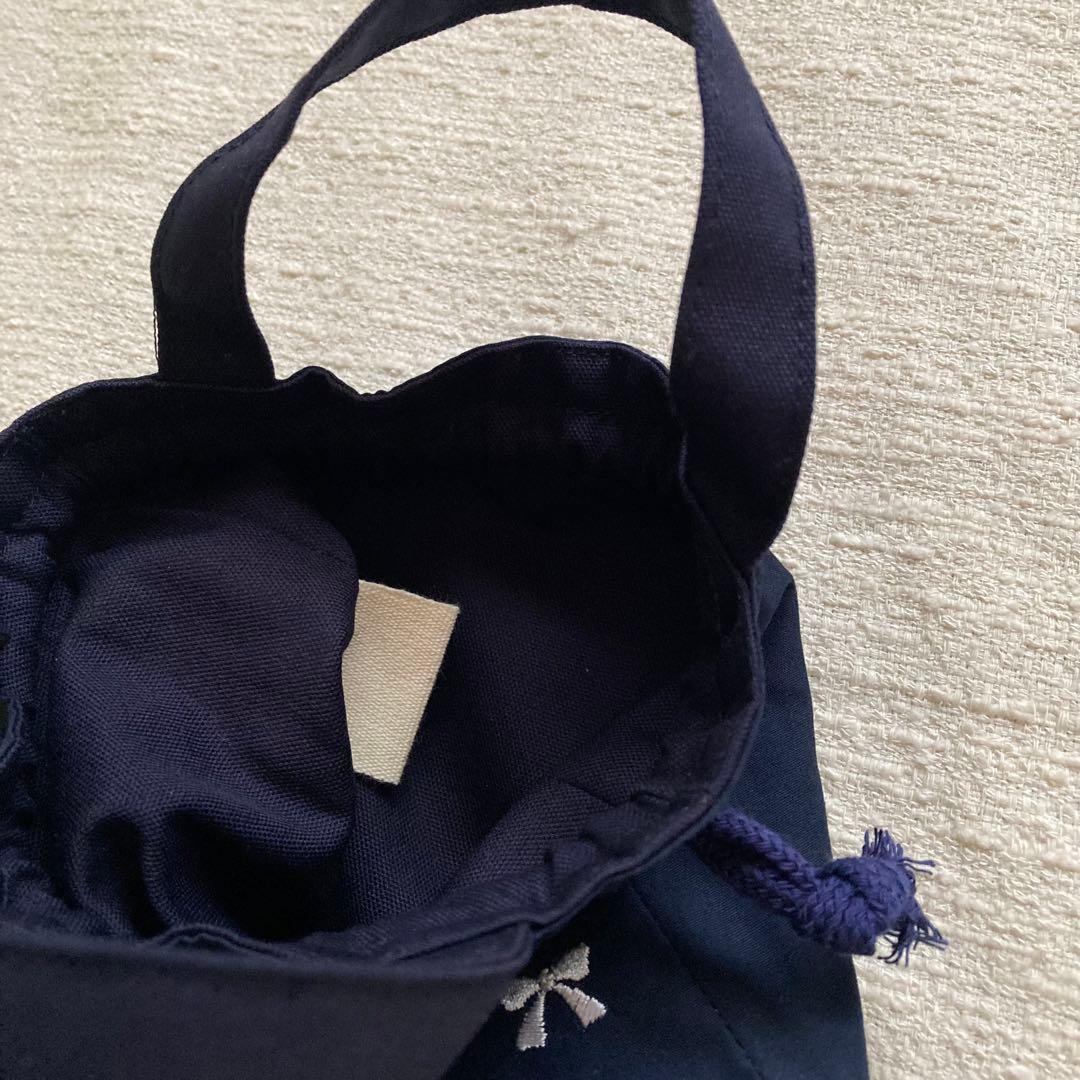 Py！リボン刺繍無地両面フリルレッスンバッグ+体操服袋+巾着袋セット　紺