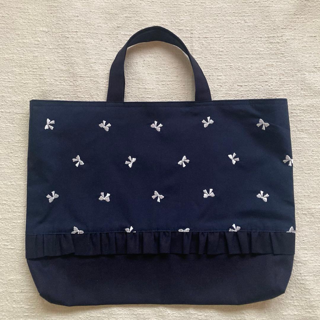 Py！リボン刺繍無地両面フリルレッスンバッグ+体操服袋+巾着袋セット　紺