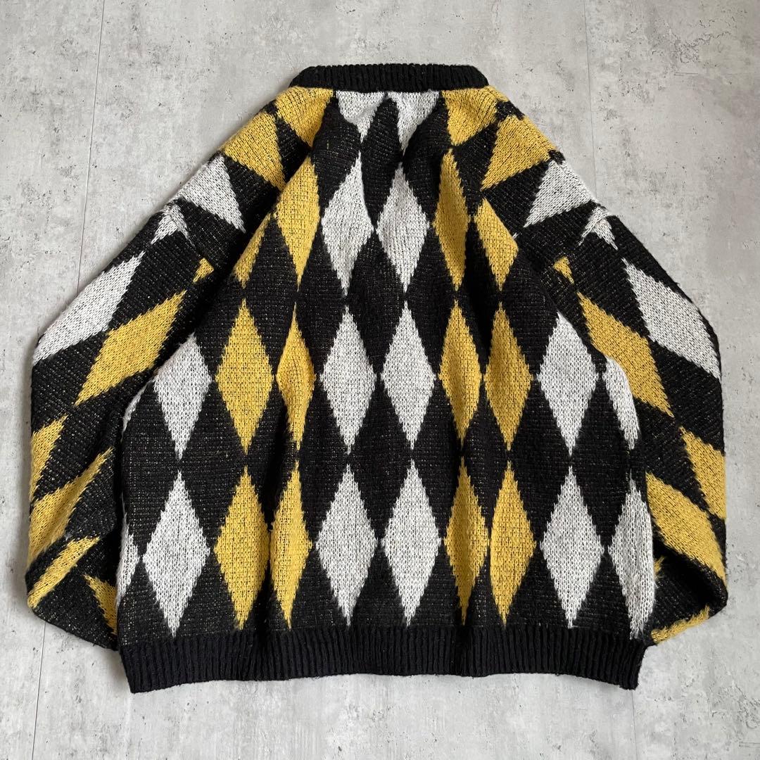 vintage アーガイル　カーディガン　モヘア調　ゆったりシルエット　グランジ