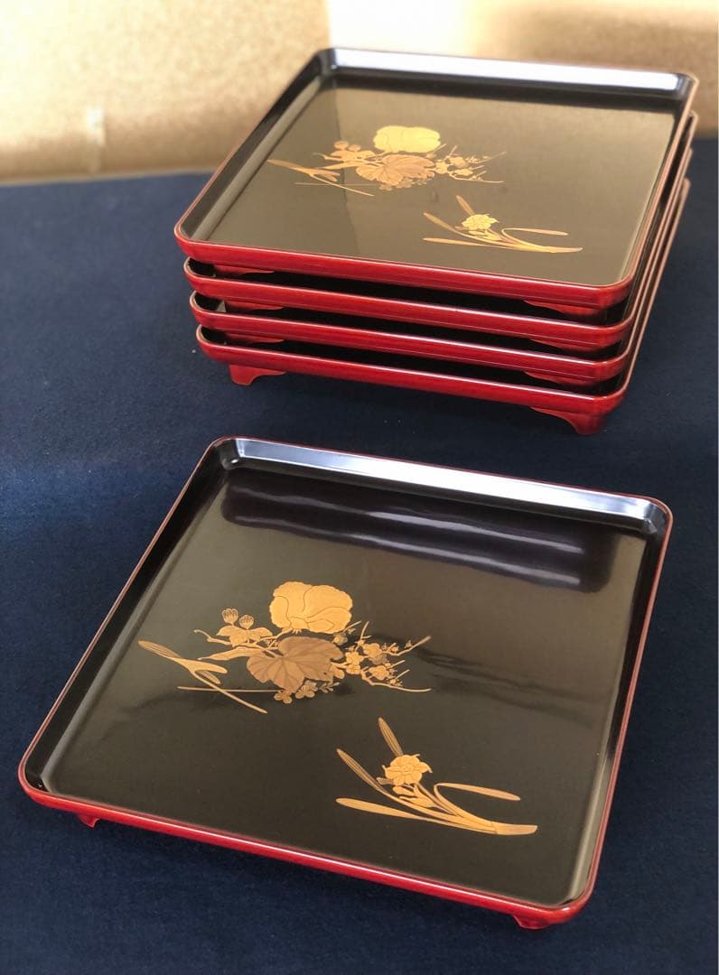 《R》研ぎ出し蒔絵 青貝 脚付 会席膳5客 木製漆器 木箱　260128く2