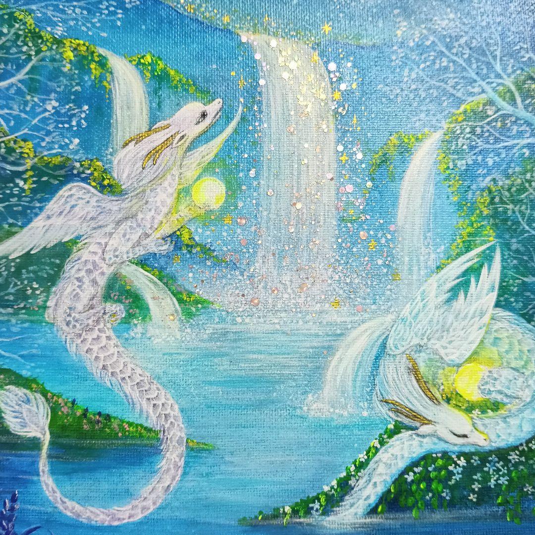 No.511 F3キャンバスアクリル画 ドラゴン　龍 開運絵画　龍の絵 星空　滝