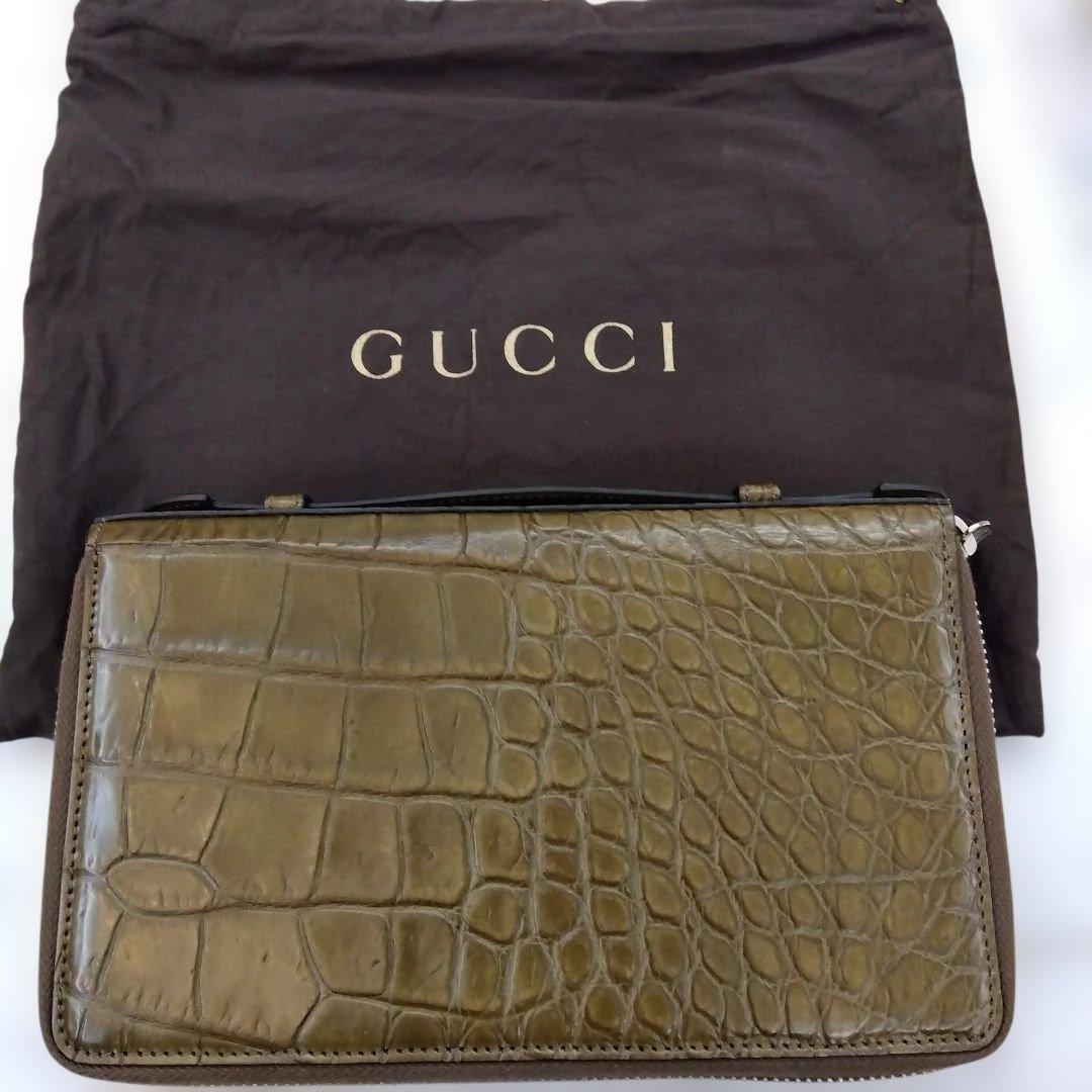 Gucci 本物クロコダイル ドキュメントケース 長財布 オリーブ 茶系
