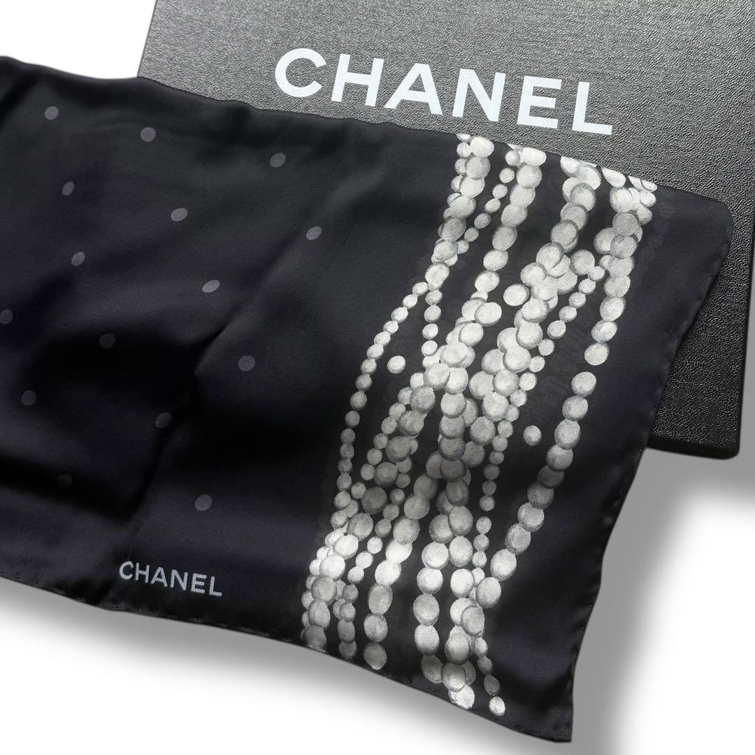 美品 CHANEL シャネル スカーフ ストール シルク 絹 パール ドット 黒