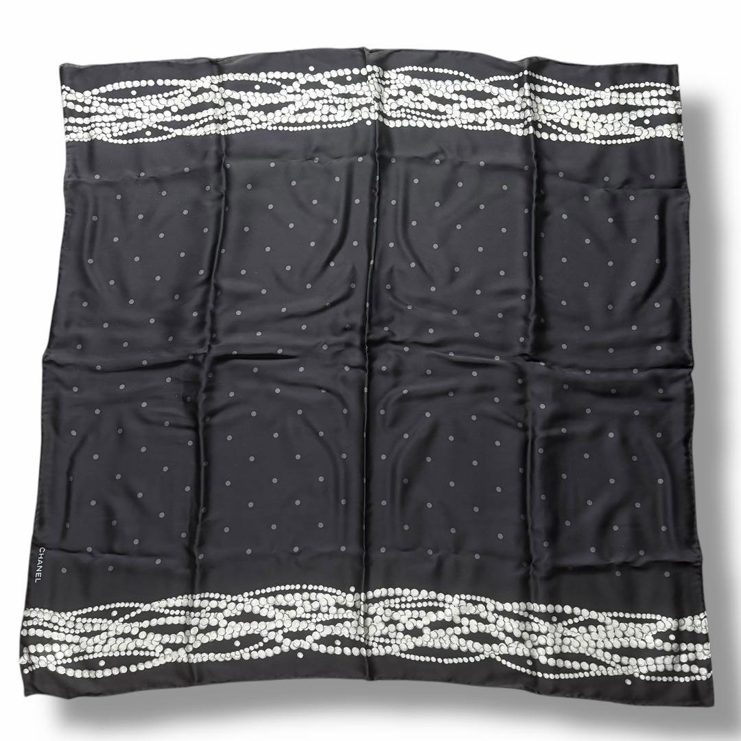 美品 CHANEL シャネル スカーフ ストール シルク 絹 パール ドット 黒