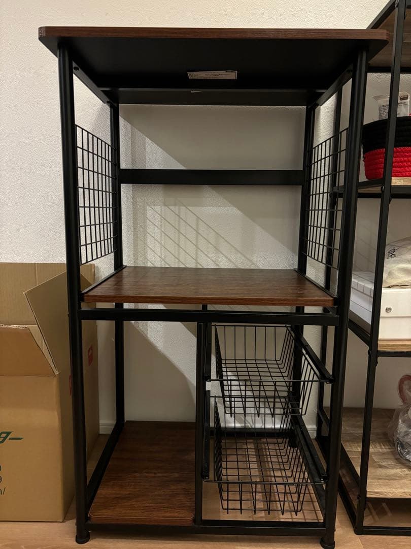 中型キッチンラック スチール 木製 バスケット付き