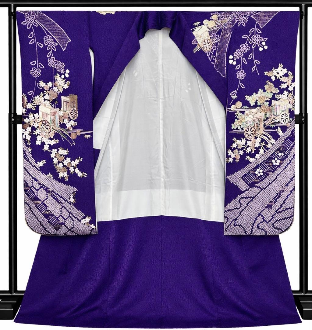 お値下げ正絹 振袖 紫 総絞り 金彩 御所車 桜 古典 トールサイズ