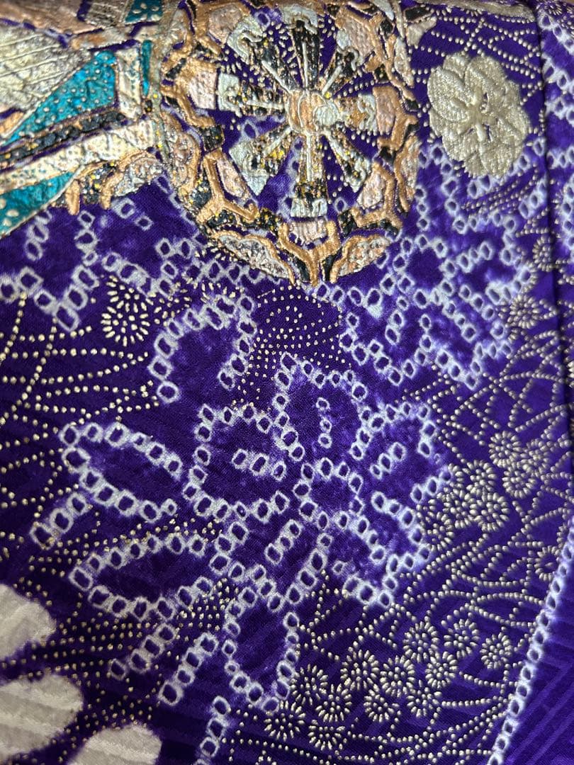 お値下げ正絹 振袖 紫 総絞り 金彩 御所車 桜 古典 トールサイズ