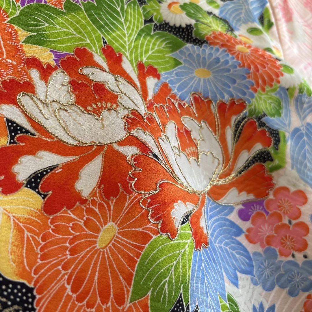 美品　お宮参り　産着　祝着　0歳　女の子　オレンジ　鳥　金糸　長襦袢なし7003