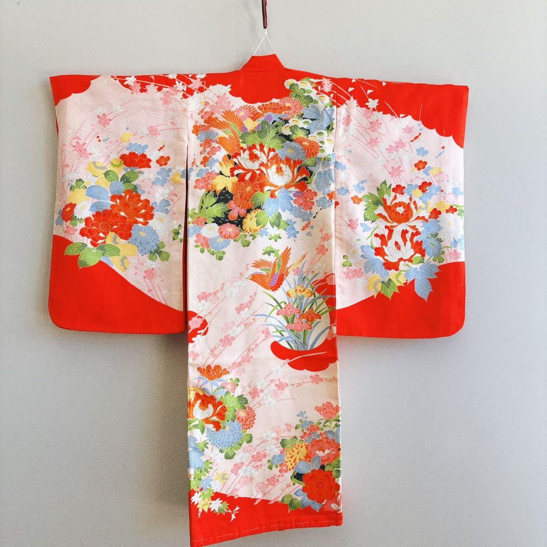 美品　お宮参り　産着　祝着　0歳　女の子　オレンジ　鳥　金糸　長襦袢なし7003