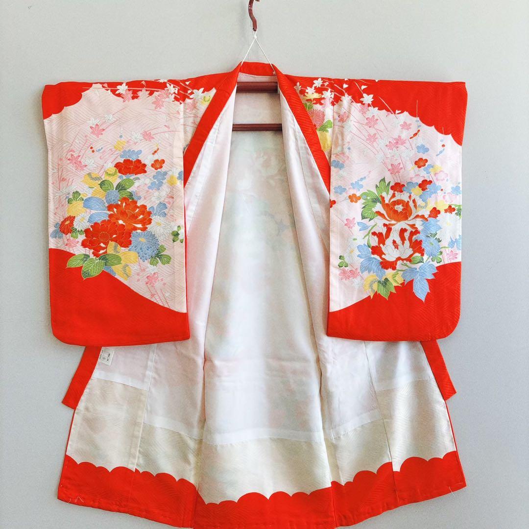 美品　お宮参り　産着　祝着　0歳　女の子　オレンジ　鳥　金糸　長襦袢なし7003