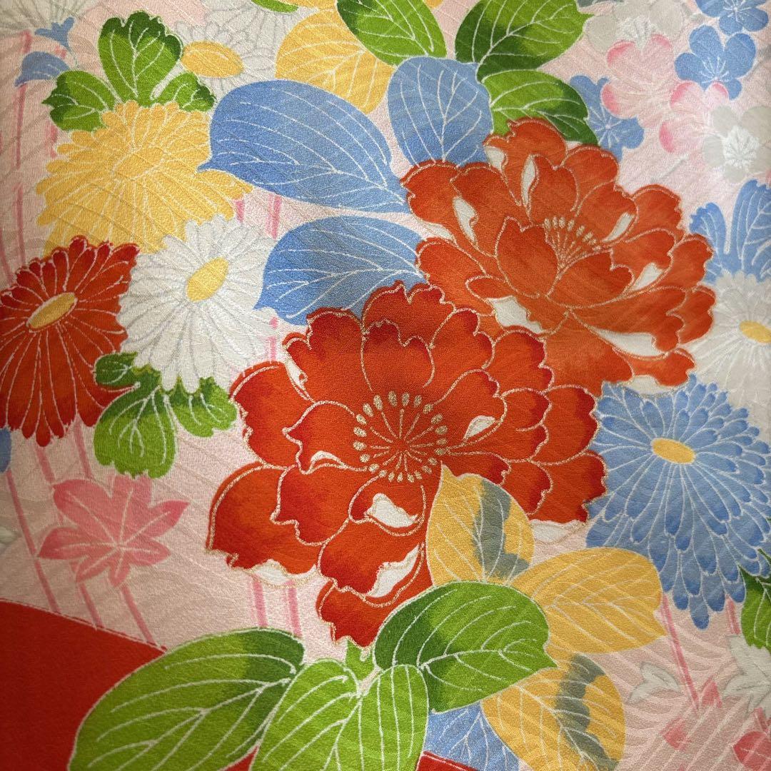 美品　お宮参り　産着　祝着　0歳　女の子　オレンジ　鳥　金糸　長襦袢なし7003