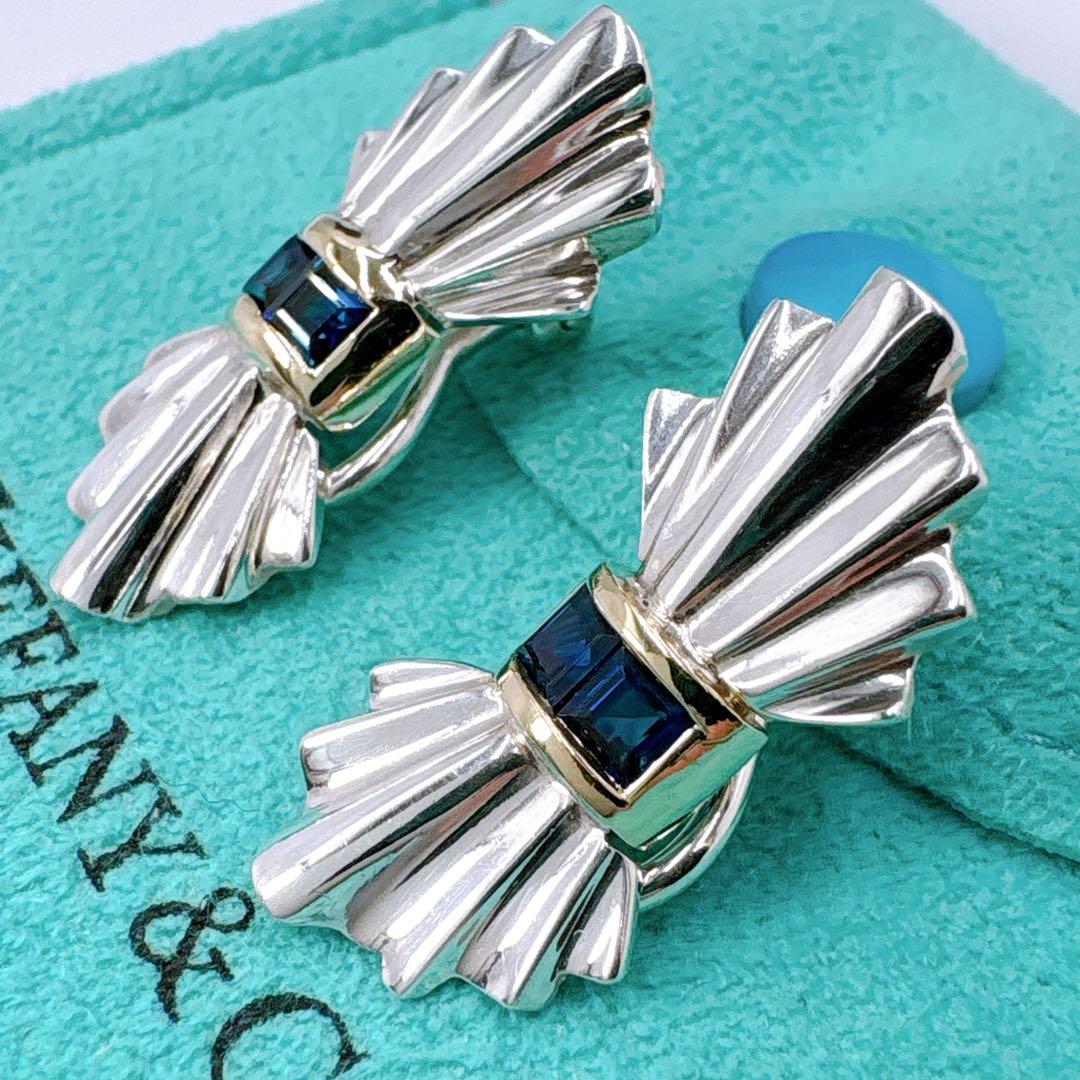 極美品 オールドティファニー サファイア コンビ イヤリング シルバー k18