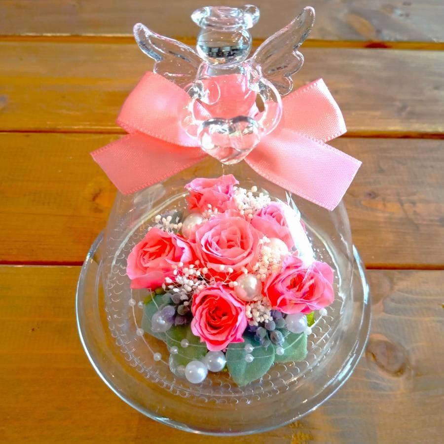【高級プリザーブドフラワー】エンジェルガラスドーム　ピンクローズ