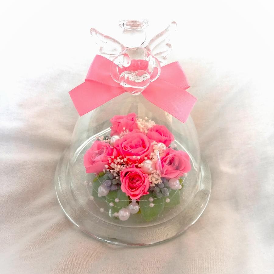 【高級プリザーブドフラワー】エンジェルガラスドーム　ピンクローズ