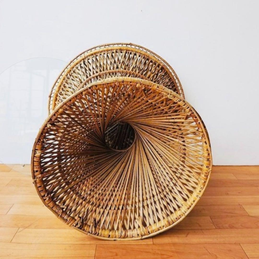 1970–80’s ヴィンテージ ラタン ラウンド サイドテーブル｜ガラス天板