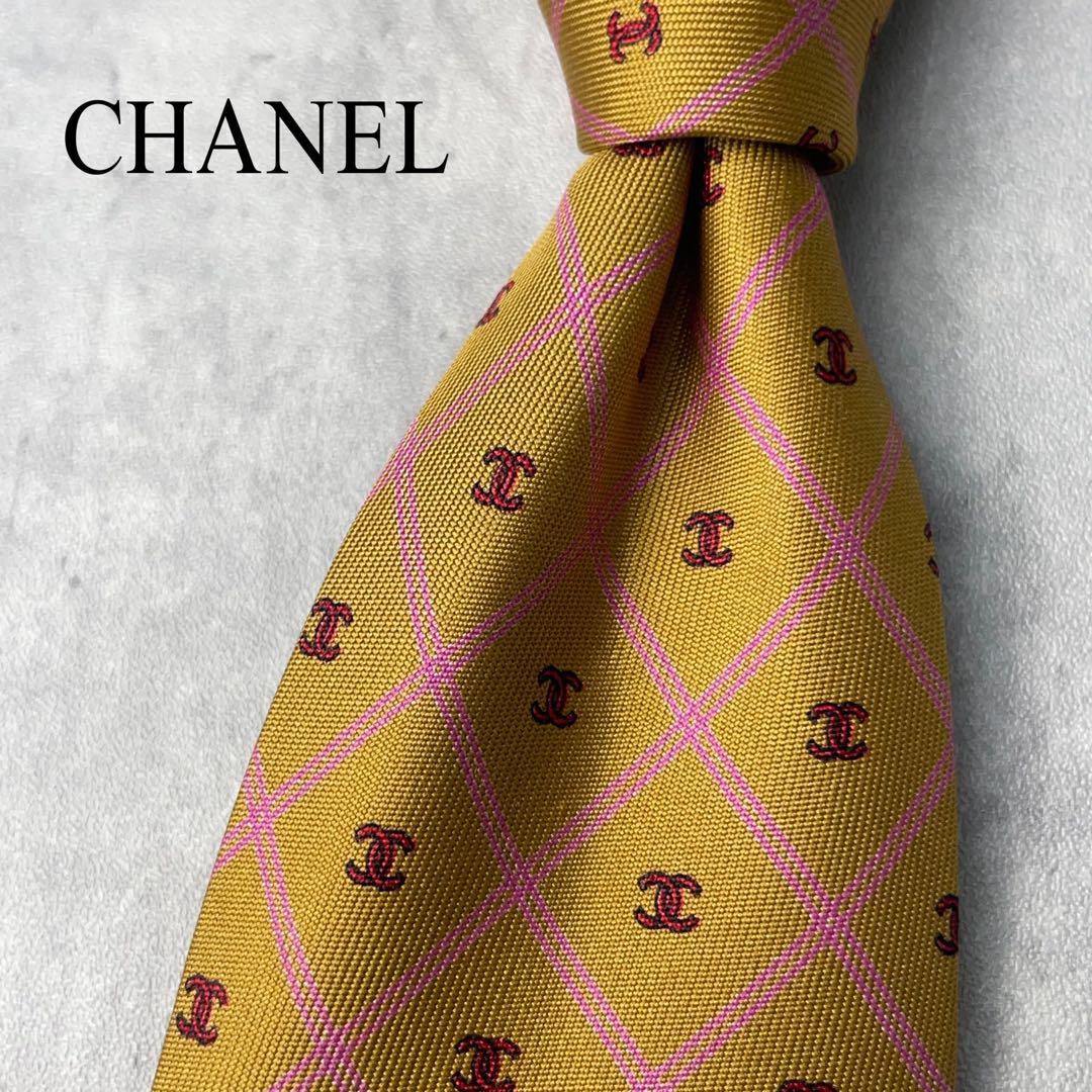 美品 CHANEL シャネル ココマーク 格子柄 ネクタイ ゴールド ブラウン
