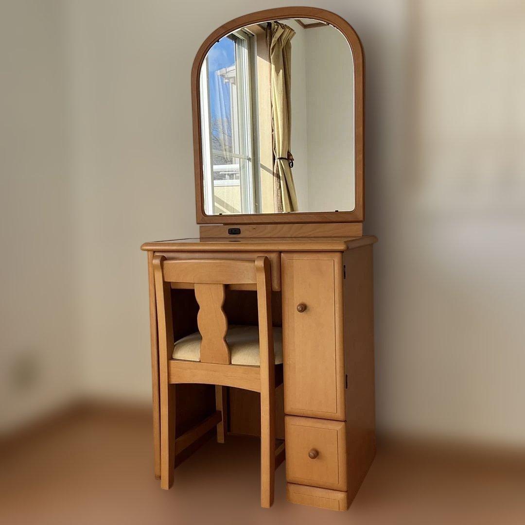 木製ドレッサー丸型ミラー&イス付きドレッサー　家具　鏡台　化粧台　アンティーク