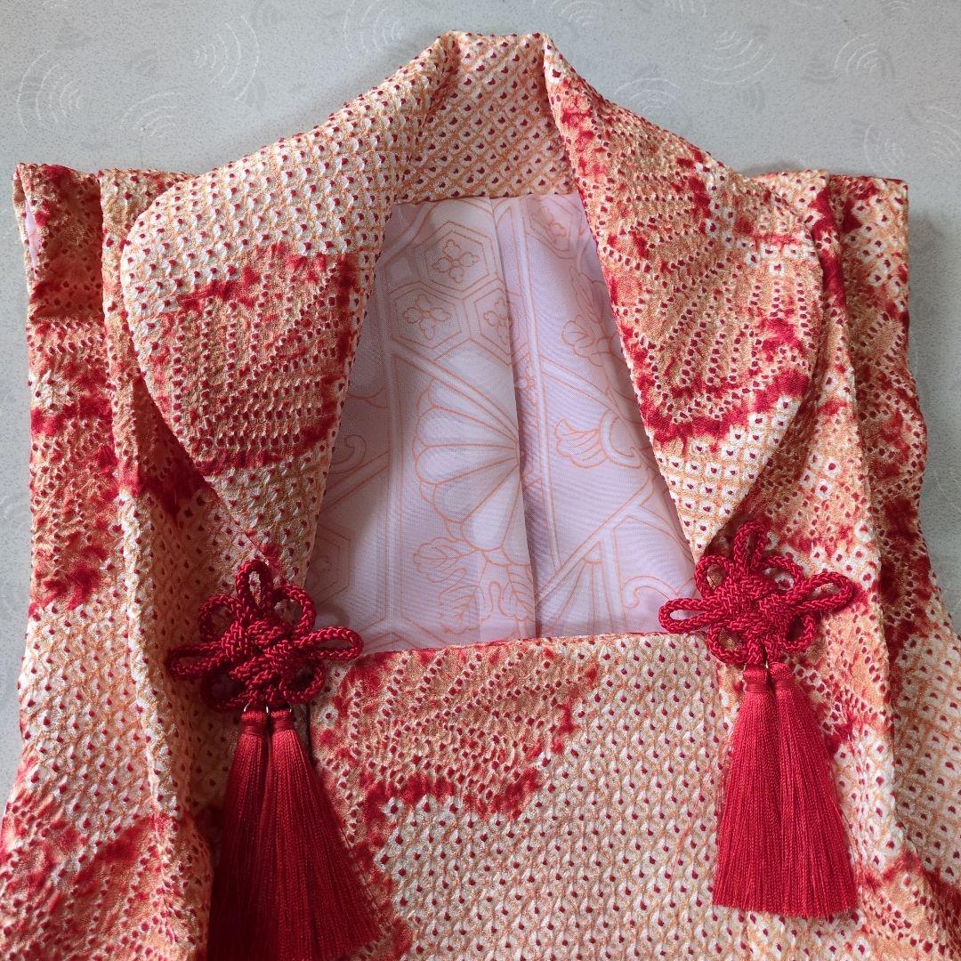 七五三３歳正絹総絞り手縫いの被布（淡いオレンジ色）中綿無し