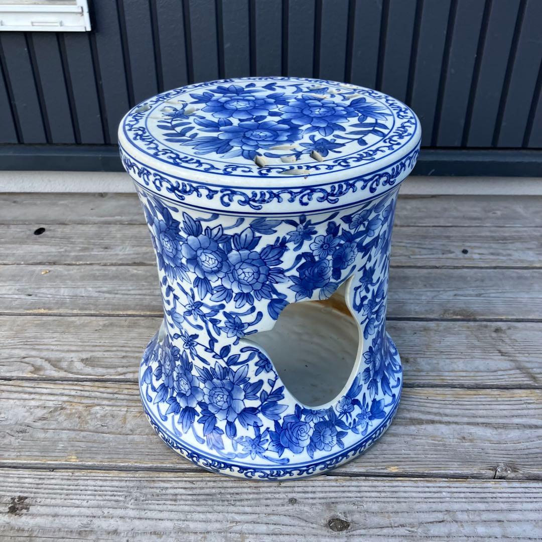 中国陶器スツール 青華唐子之図 染付 花柄 花台 ビンテージ ヴィンテージ